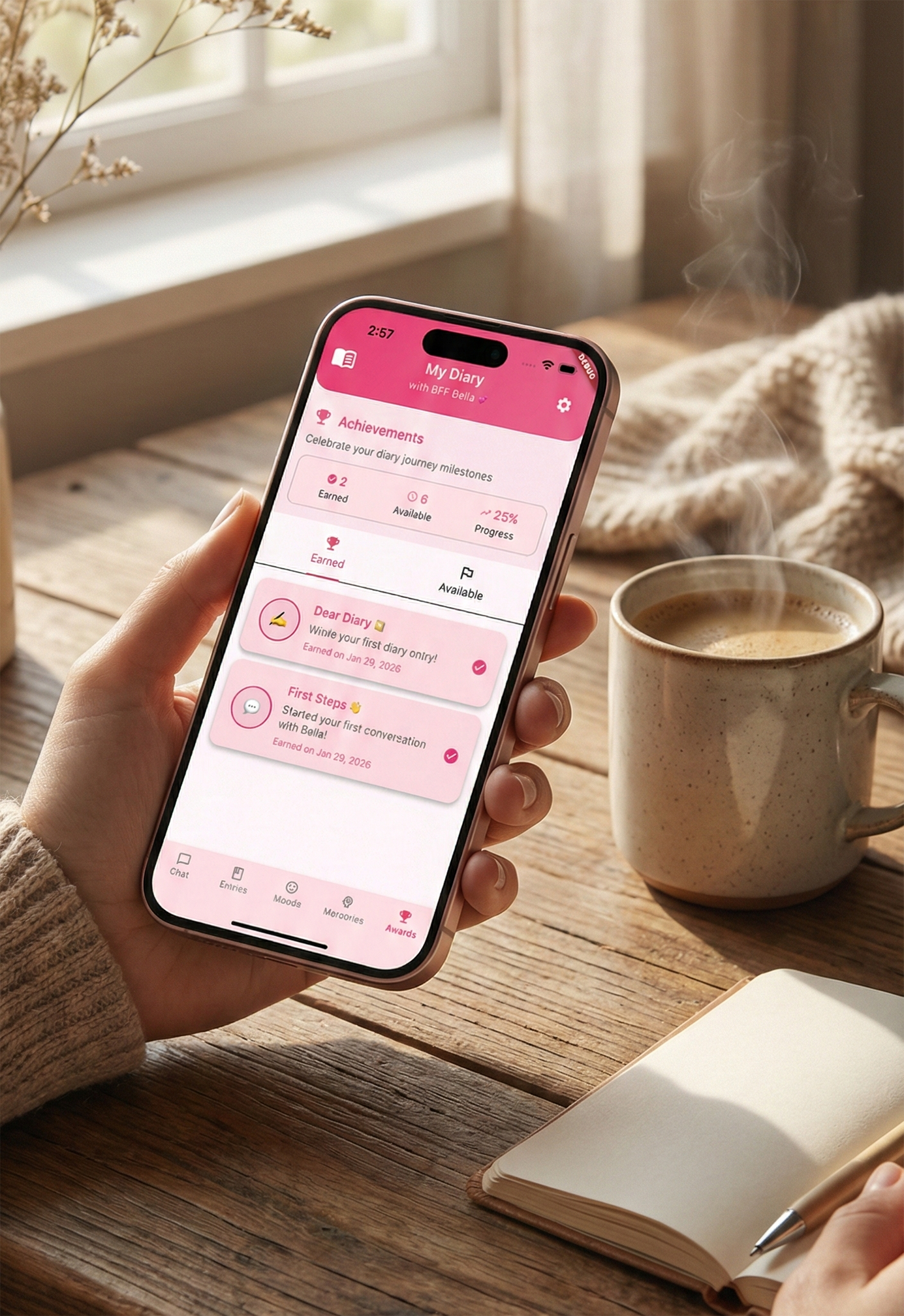 BFF Bella hero login and conversation entry screen
